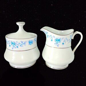 Vintage China Pearl Helen Creamer With Blue Flower Silver Trim Sugar Cream 4”T